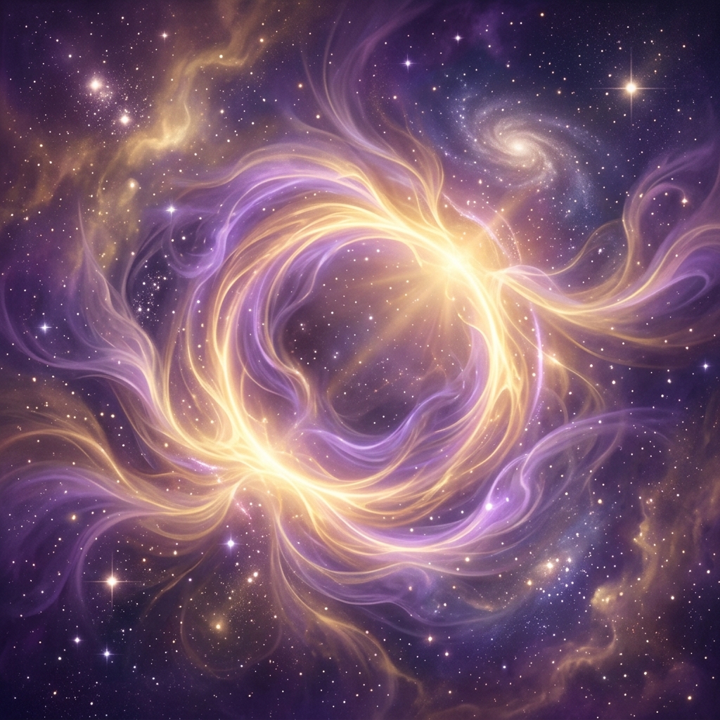 Swirling violet and gold light portal representing cosmic consciousness