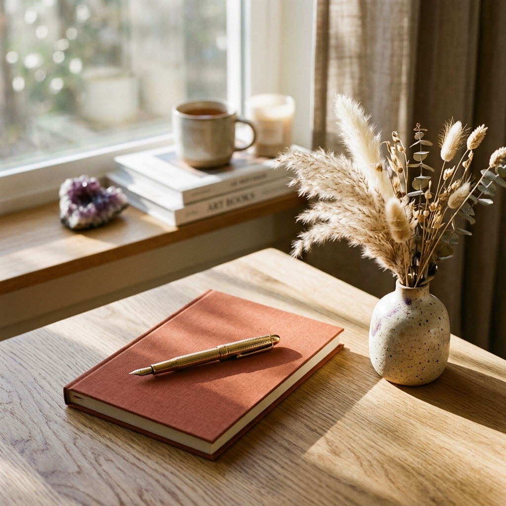 Linen-bound journal and gold pen on desk representing life mission statement