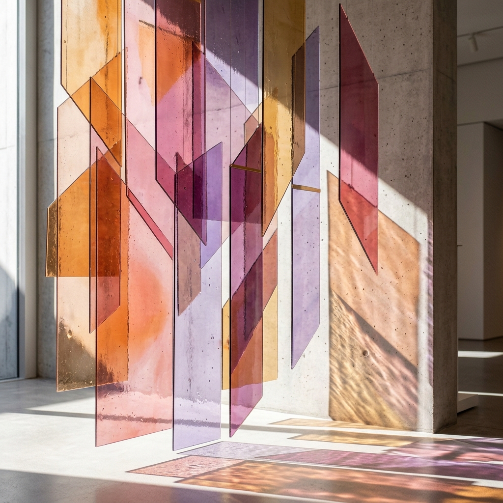 Layered translucent panels of amber, lavender, and rose glass catching light